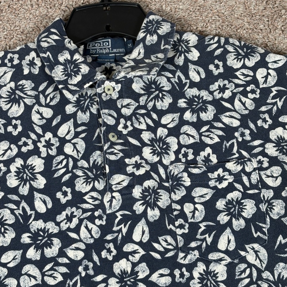 Polo Ralph Lauren Mens Medium Navy Blue White Floral Hibiscus Cotton Polo Shirt